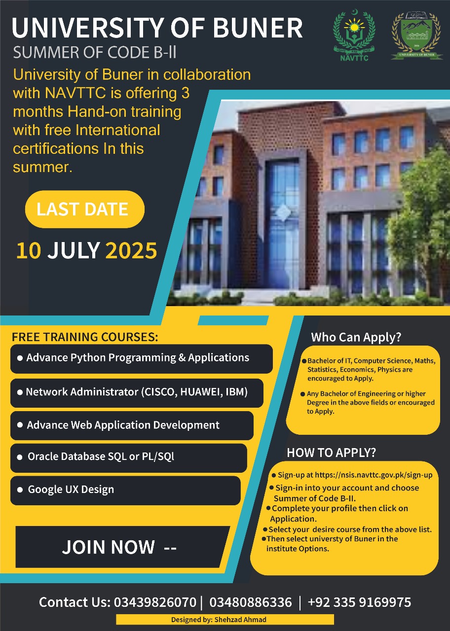 𝐅𝐑𝐄𝐄 𝐓𝐫𝐚𝐢𝐧𝐢𝐧𝐠 𝐂𝐨𝐮𝐫𝐬𝐞𝐬 𝐚𝐭 𝐭𝐡𝐞 𝐔𝐧𝐢𝐯𝐞𝐫𝐬𝐢𝐭𝐲 𝐨𝐟 𝐁𝐮𝐧𝐞𝐫! NAVTTC Pakistan
